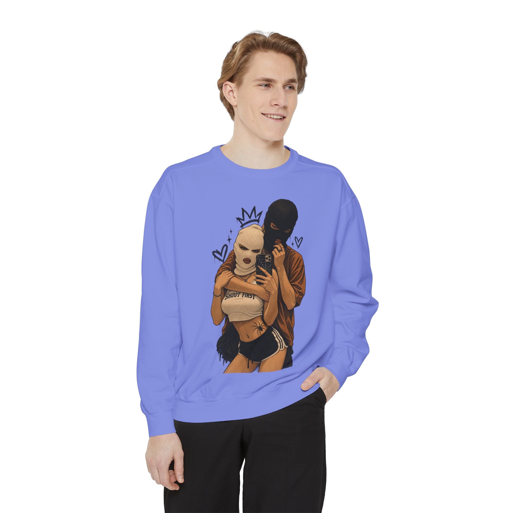 Couple Selfie Graphic Sweatshirt — Masked Lovers Illustration